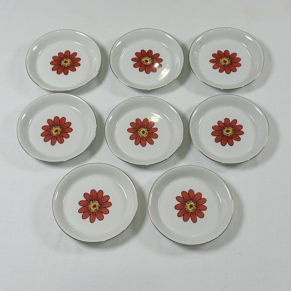 Vintage Groovy Floral Pattern Porcelain Coaster Set 8 Creative Orange Japan 70's